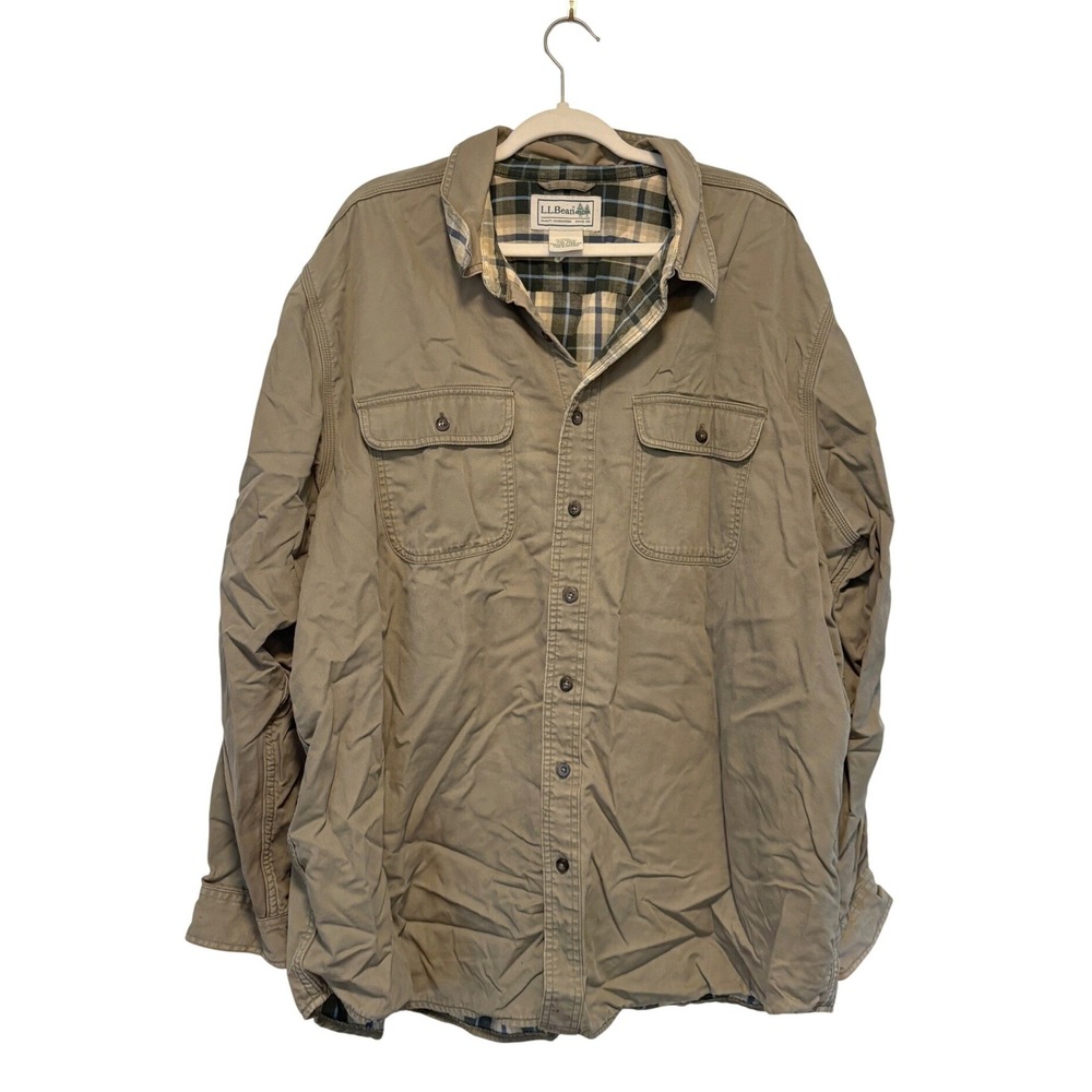 Vintage LL Bean Plaid Flannel Lined Canvas Shirt Jacket Olive Workwear Chore XXL
